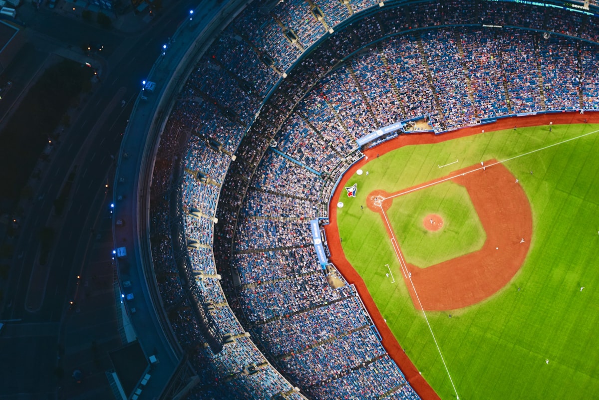 Packed baseball stadium seen from above
