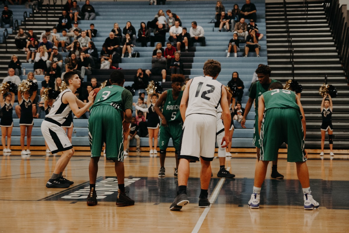 Basketball players in action during a game